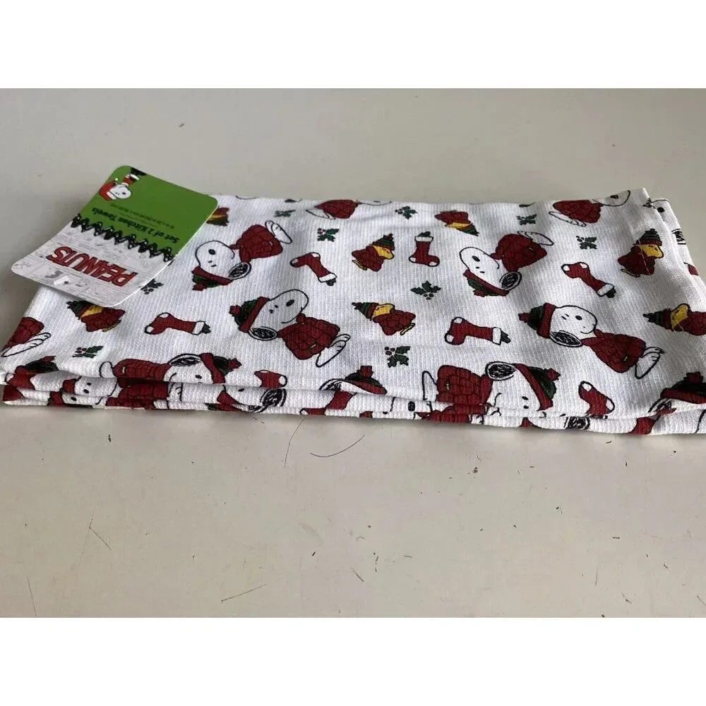 2 Pack Peanuts Snoopy Woodstock Puffy Coat Christmas Kitchen Towels 16 X 26